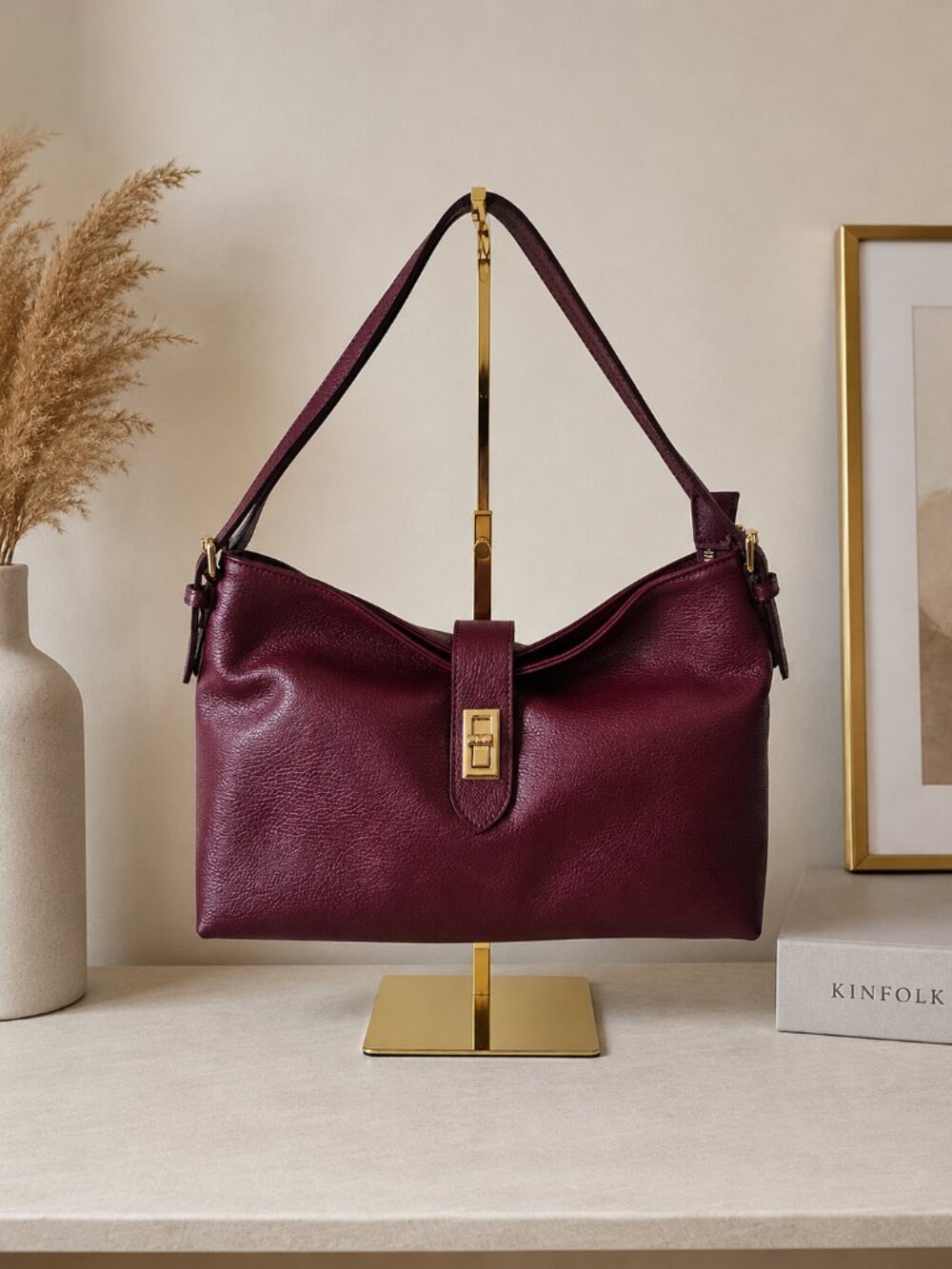 Burgundy Genuine Leather Shoulder Bag, Italian Leather Handbag, Medium Hobo Bag
